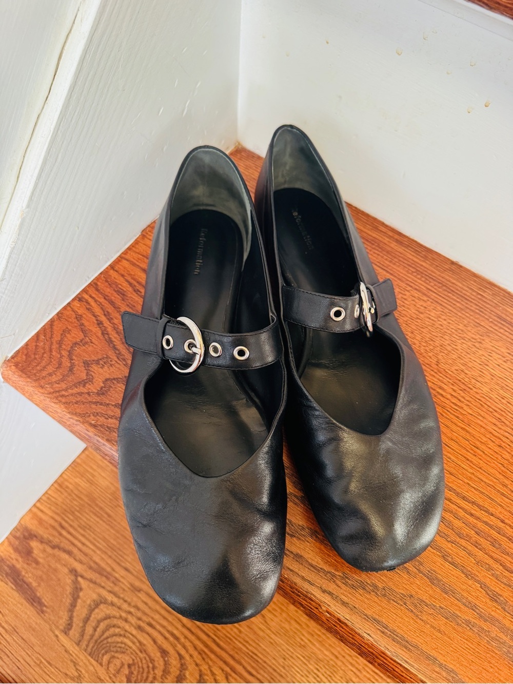 Reformation Black Leather Mary Jane Flats with Silver Buckles